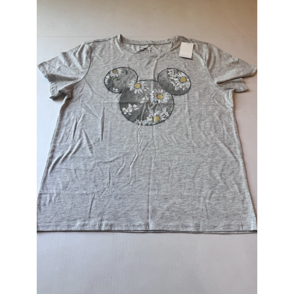 Women's Mickey Mouse Heather grey short sleeve floral tshirt new size L‎